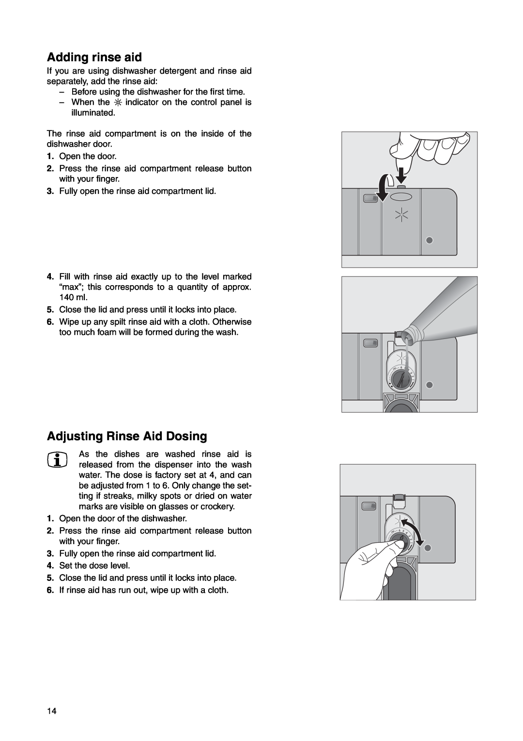 Electrolux ESL 6225 manual Adding rinse aid, Adjusting Rinse Aid Dosing 