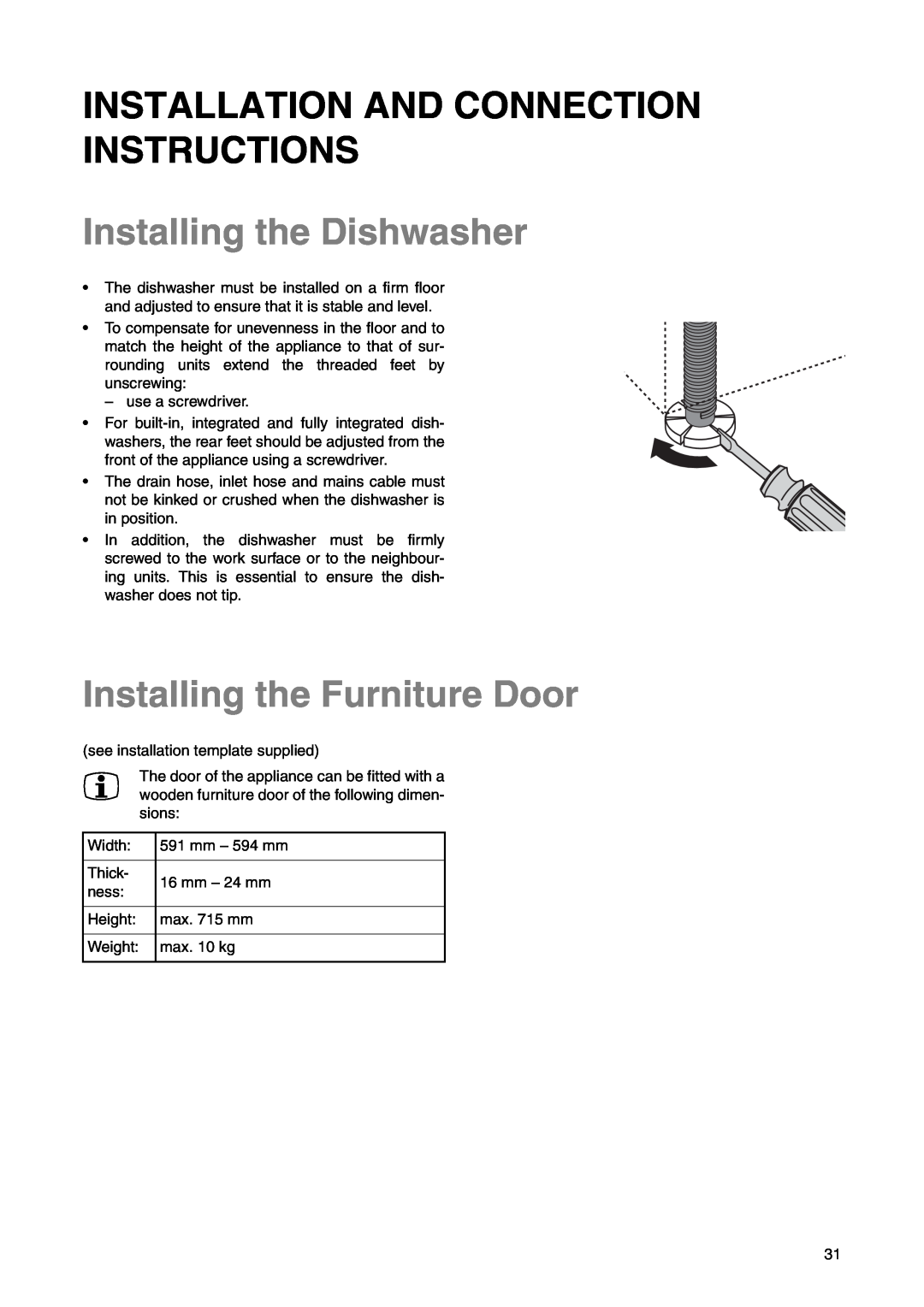Electrolux ESL 6225 Installation And Connection Instructions, Installing the Dishwasher, Installing the Furniture Door 
