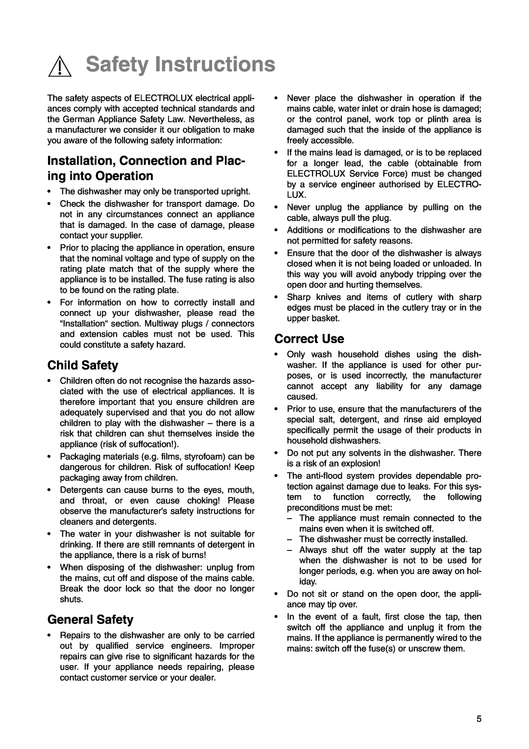 Electrolux ESL 6225 Safety Instructions, Installation, Connection and Plac- ing into Operation, Child Safety, Correct Use 