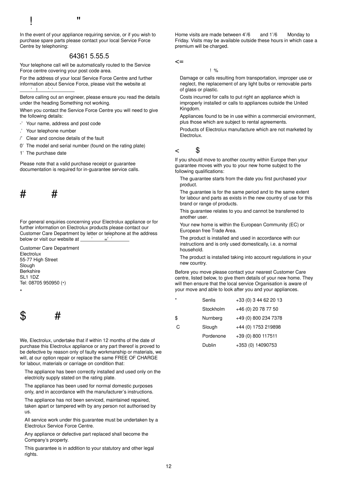 Electrolux ESL 624 manual Service and Spare Parts, Customer Care Department, Guarantee Conditions 