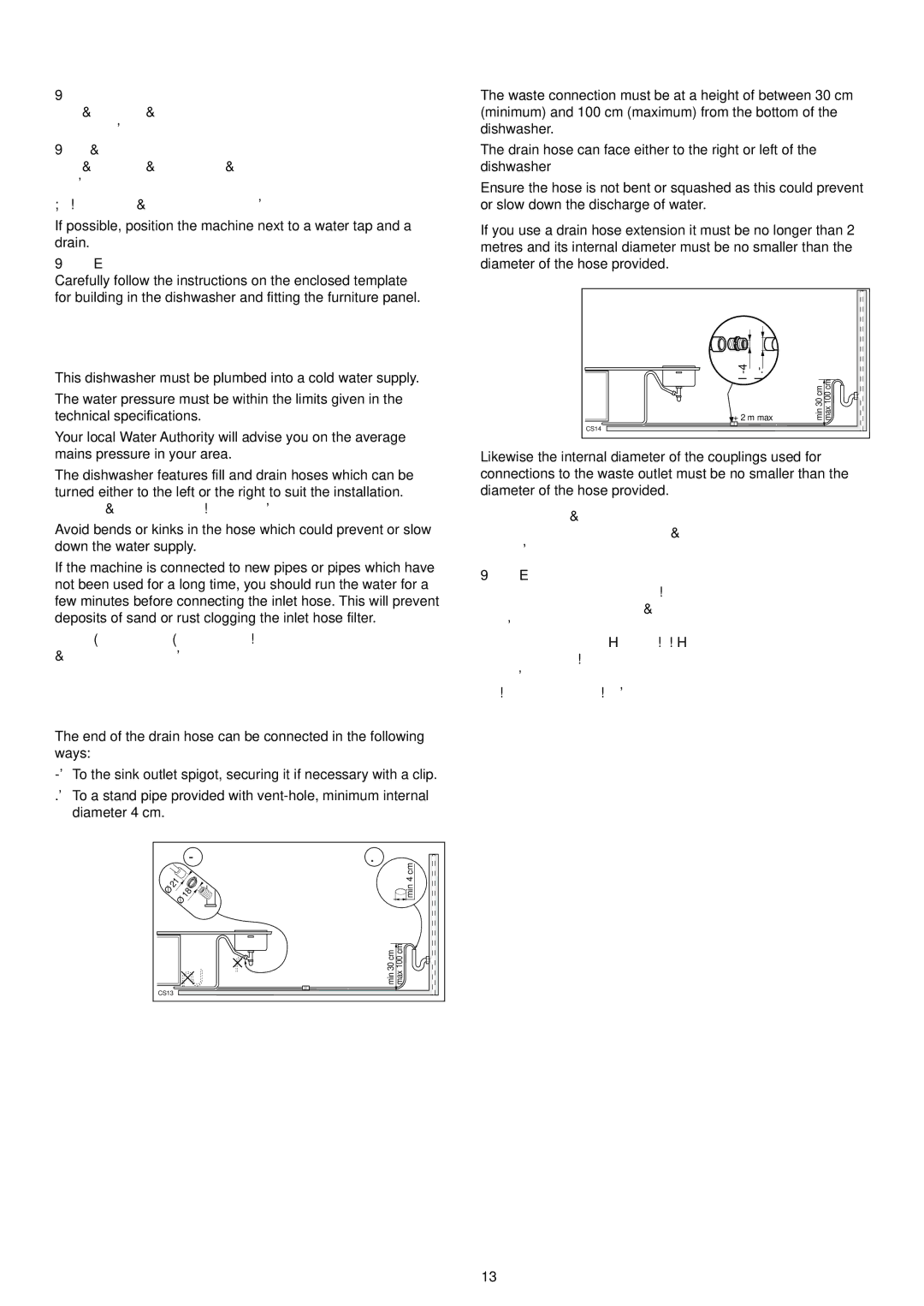 Electrolux ESL 624 manual Installation instructions, Water supply connections, Water outlet hose connection 