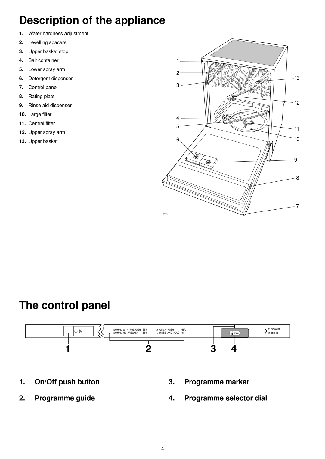 Electrolux ESL 624 Description of the appliance, Control panel, On/Off push button, Programme guide, Programme marker 