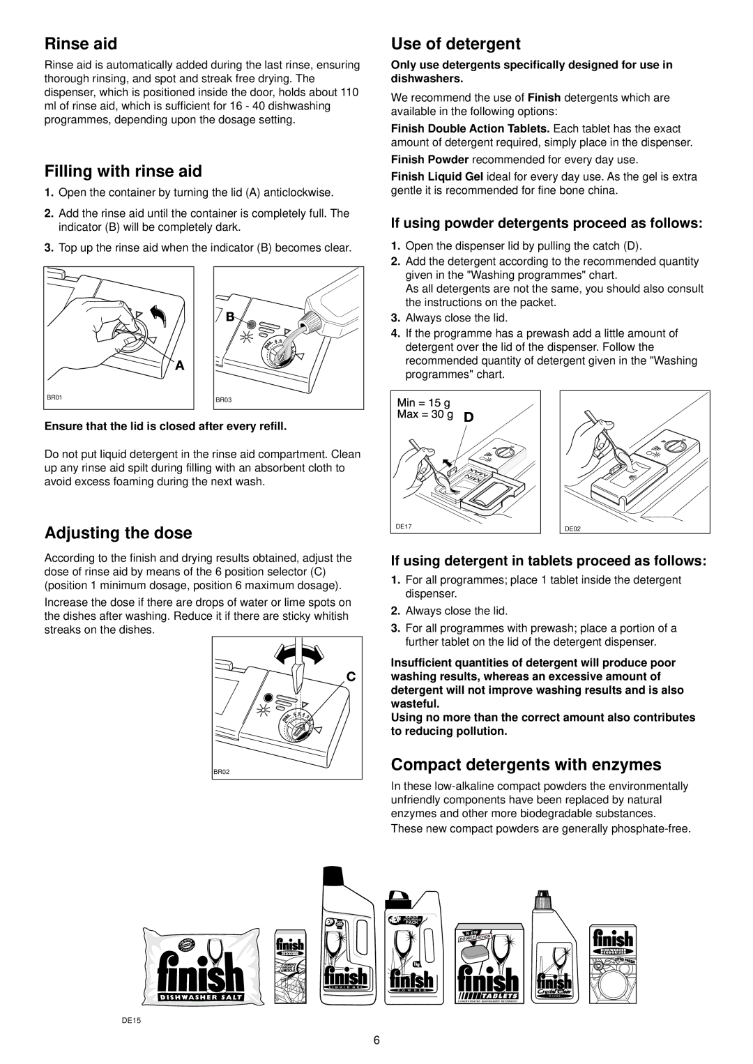 Electrolux ESL 624 manual Rinse aid, Filling with rinse aid, Use of detergent, Adjusting the dose 