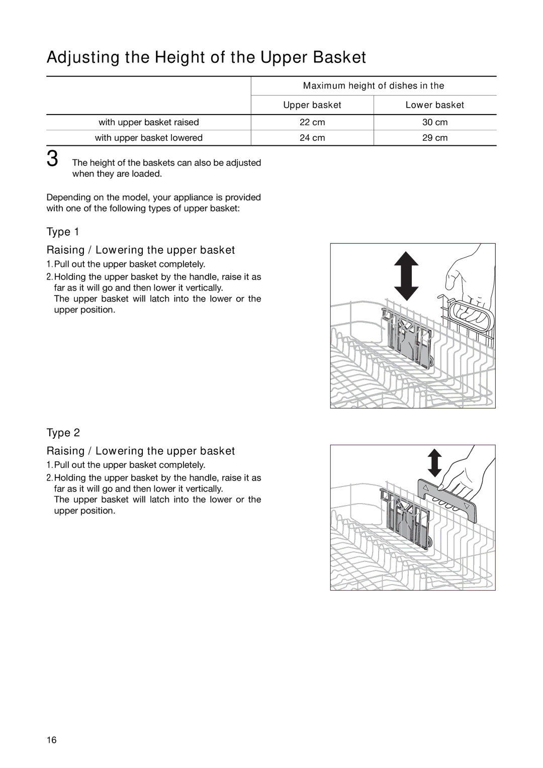 Electrolux ESL 6251 manual Adjusting the Height of the Upper Basket, Type Raising / Lowering the upper basket 