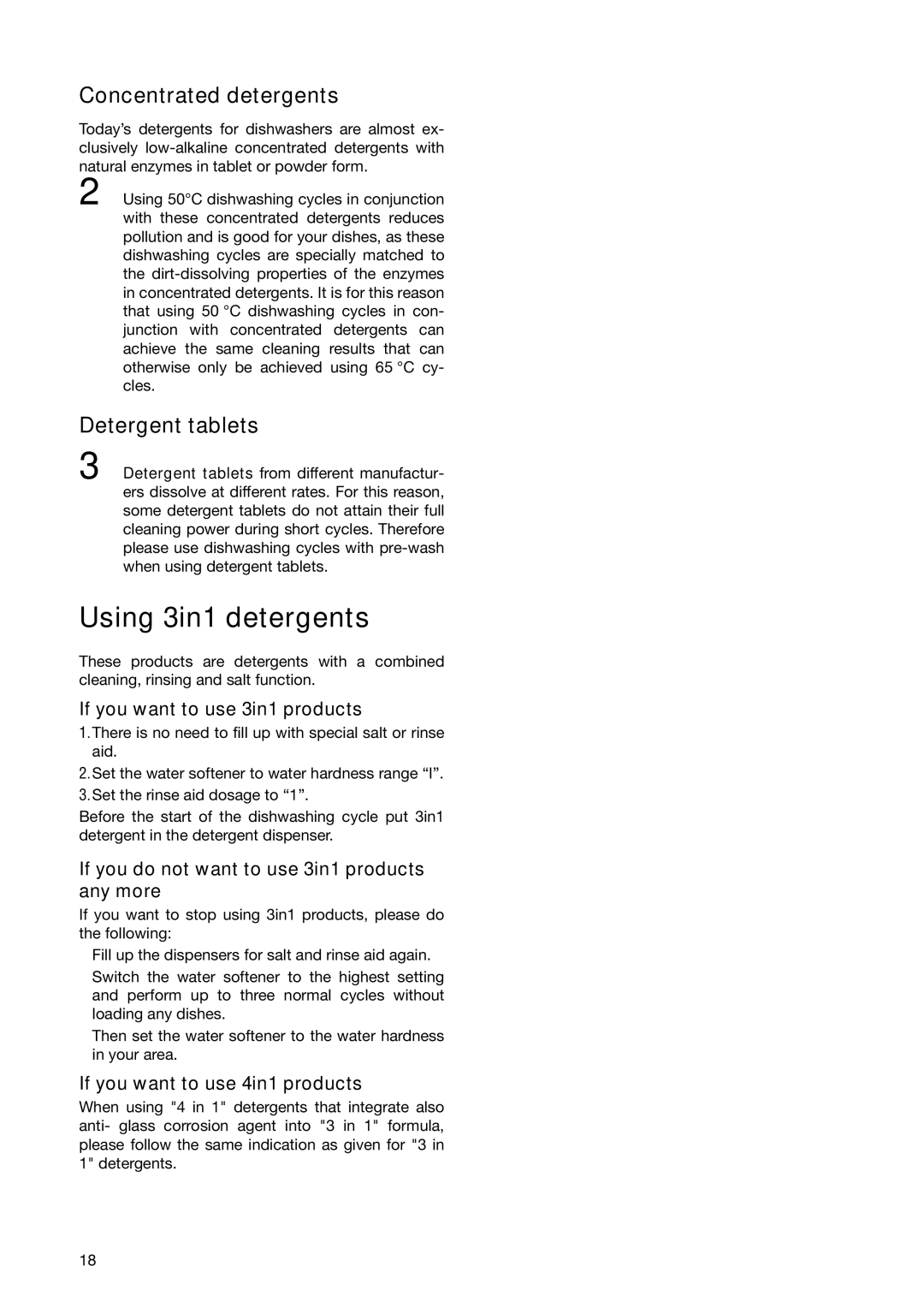 Electrolux ESL 6251 manual Using 3in1 detergents, Concentrated detergents, Detergent tablets 