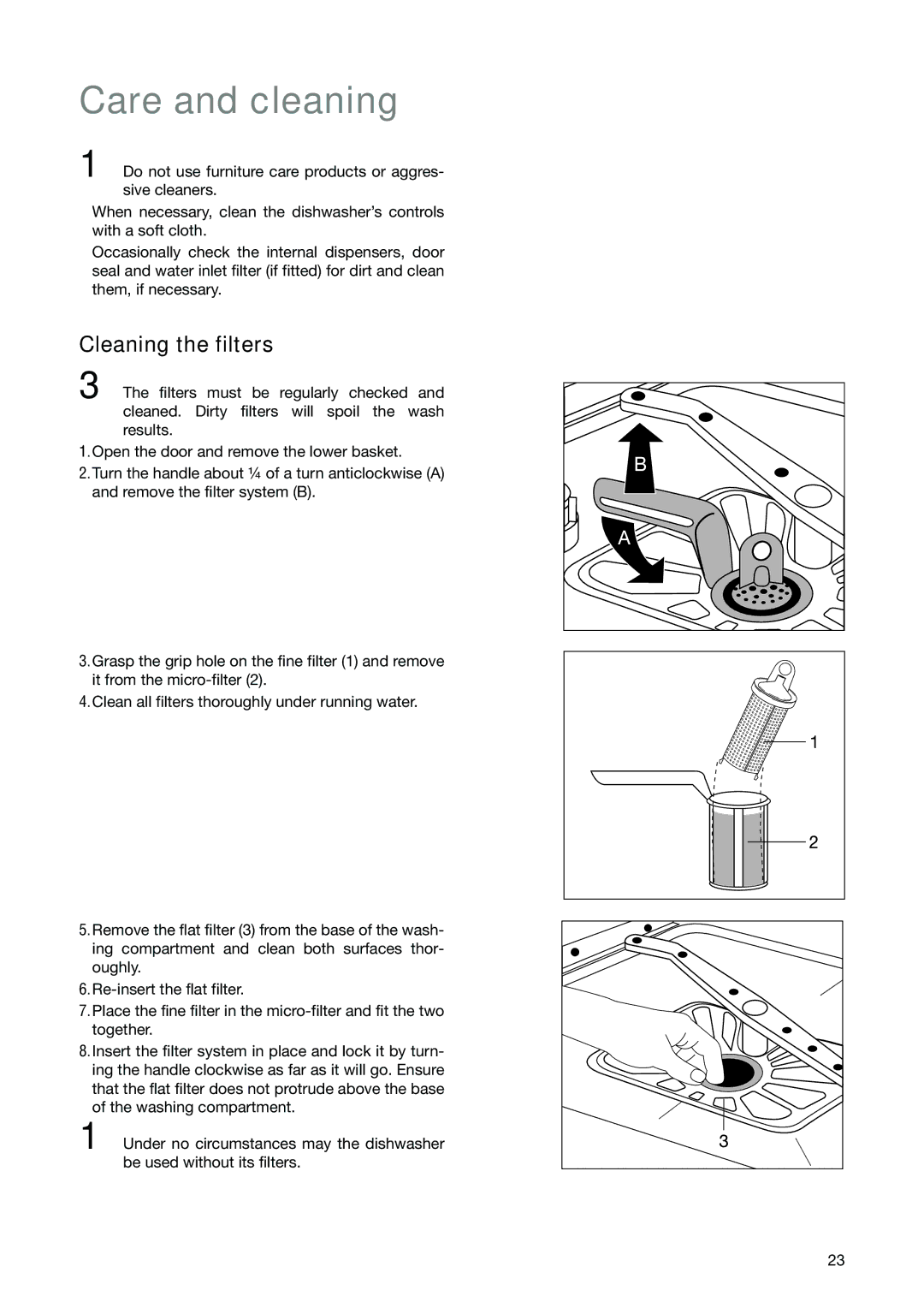 Electrolux ESL 6251 manual Care and cleaning, Cleaning the filters 