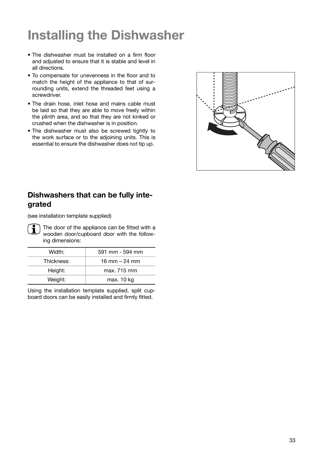 Electrolux ESL 6251 manual Installing the Dishwasher, Dishwashers that can be fully inte- grated 