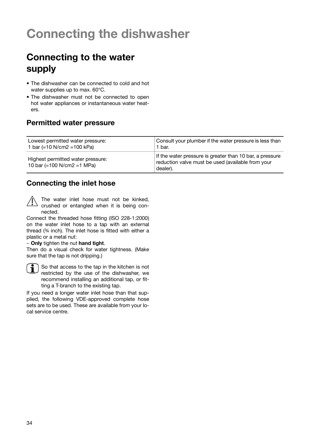 Electrolux ESL 6251 manual Connecting the dishwasher, Connecting to the water supply, Permitted water pressure 