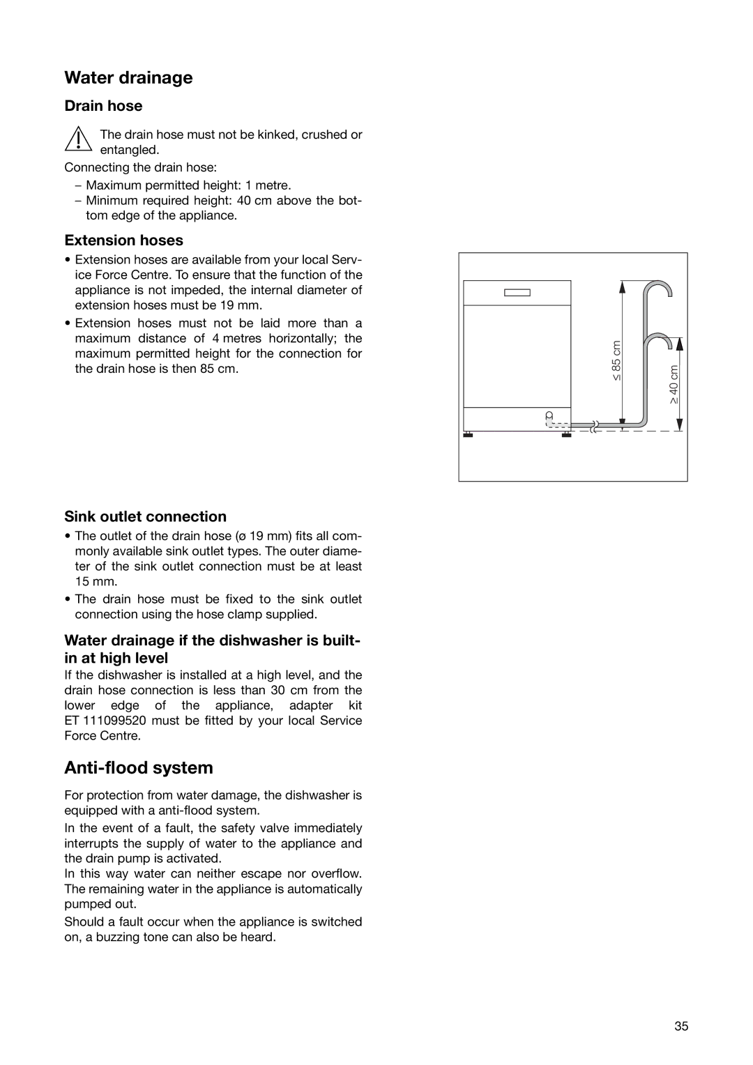 Electrolux ESL 6251 manual Water drainage, Anti-flood system 