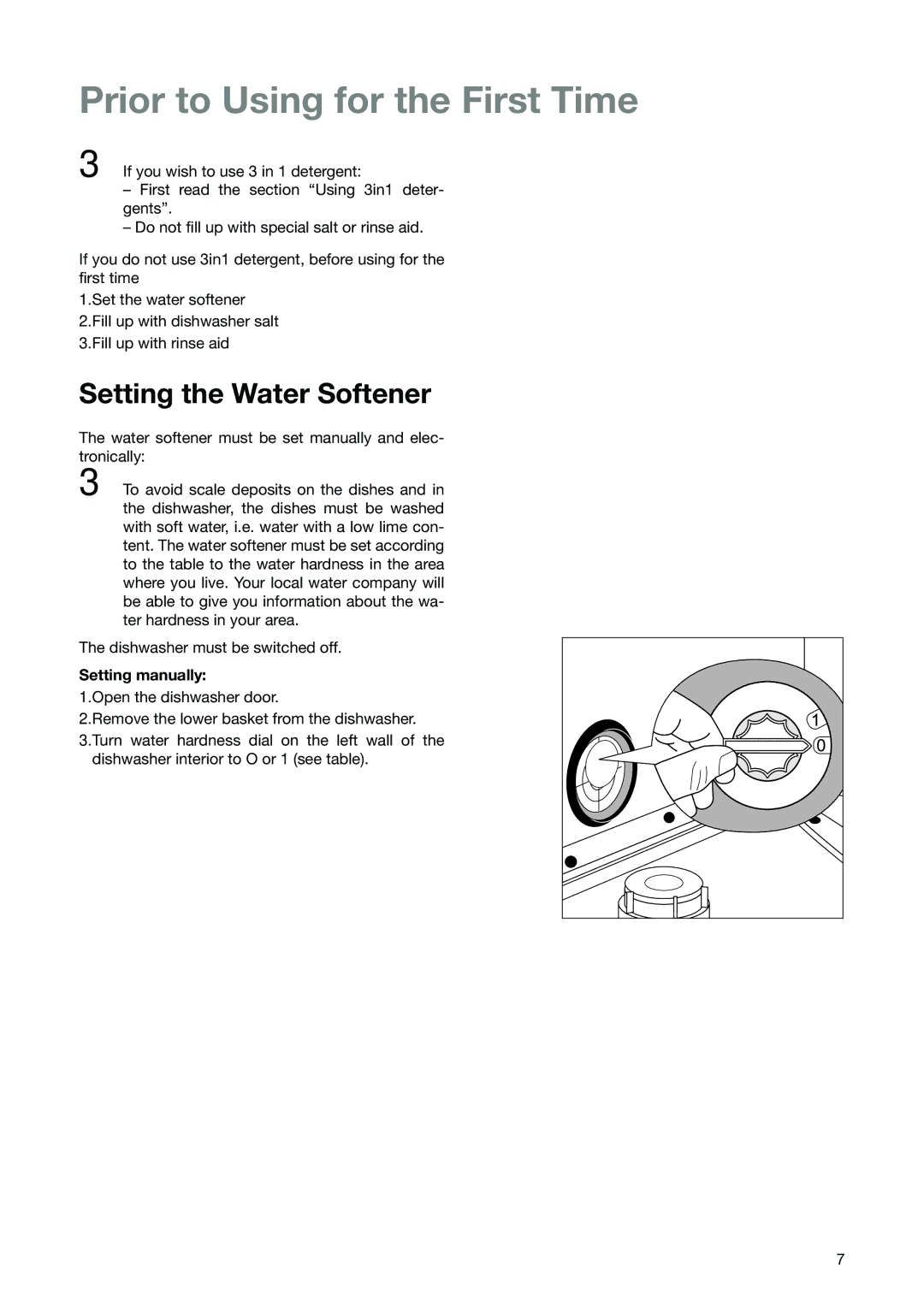 Electrolux ESL 6251 Prior to Using for the First Time, Setting the Water Softener, Setting manually 