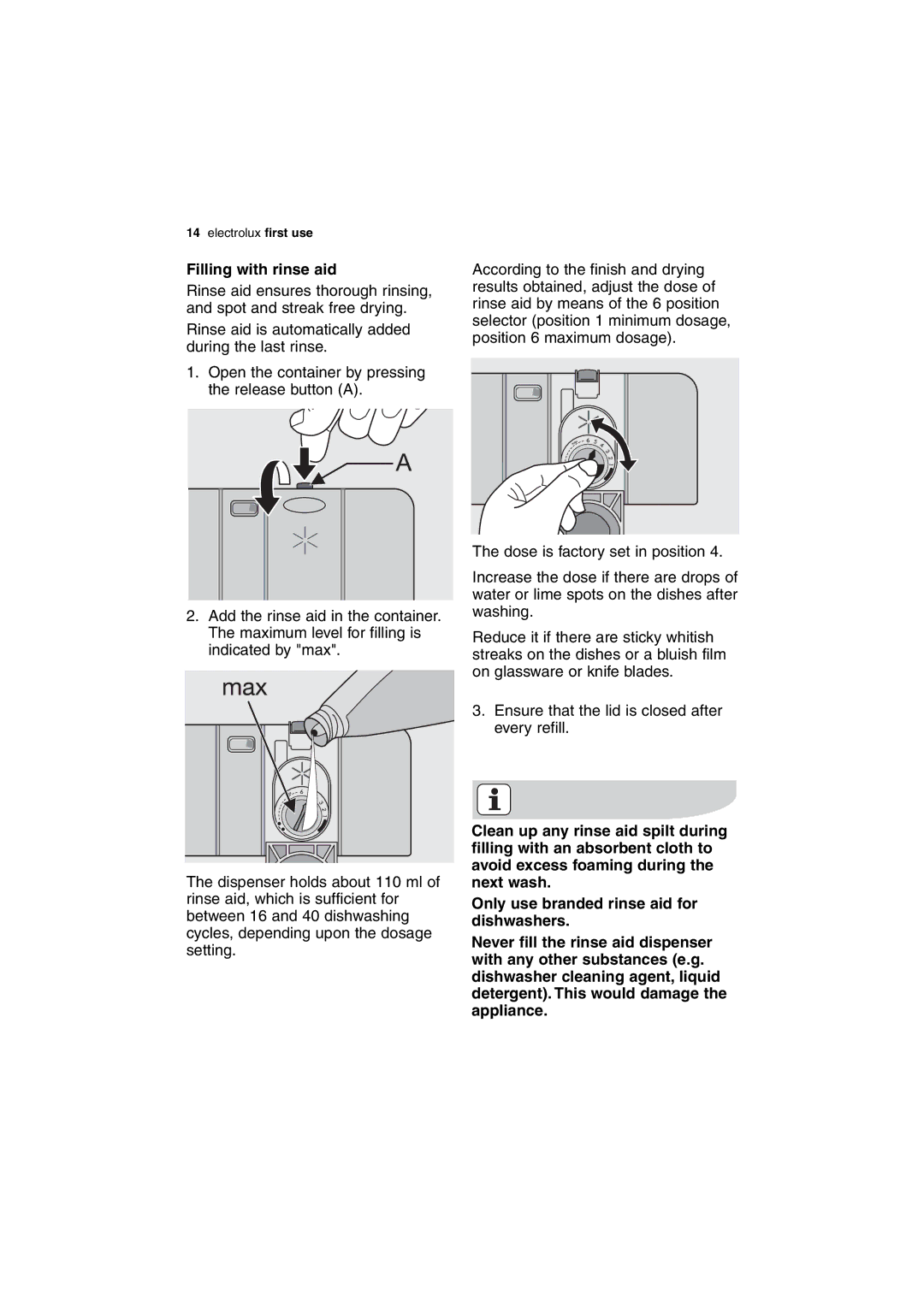 Electrolux ESL 63010 user manual Filling with rinse aid 