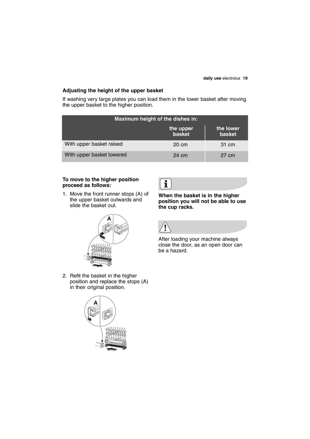 Electrolux ESL 63010 Adjusting the height of the upper basket, Maximum height of the dishes Upper Basket, Lower Basket 