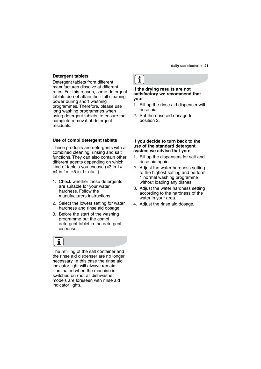 Electrolux ESL 63010 user manual Detergent tablets, Use of combi detergent tablets 