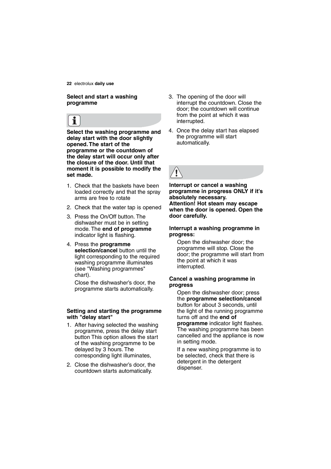 Electrolux ESL 63010 Setting and starting the programme with delay start, Cancel a washing programme in progress 