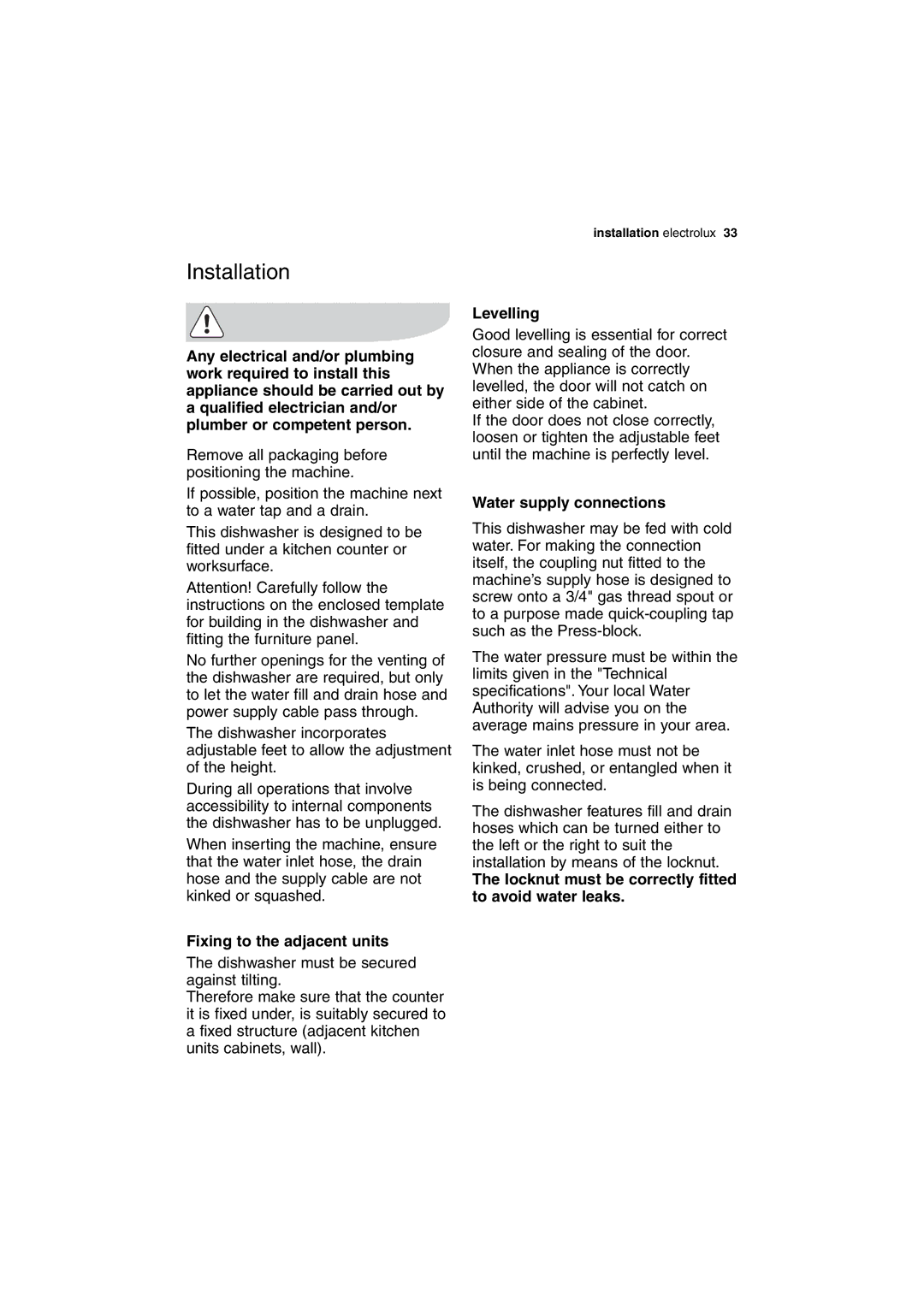 Electrolux ESL 63010 user manual Installation, Fixing to the adjacent units, Levelling, Water supply connections 