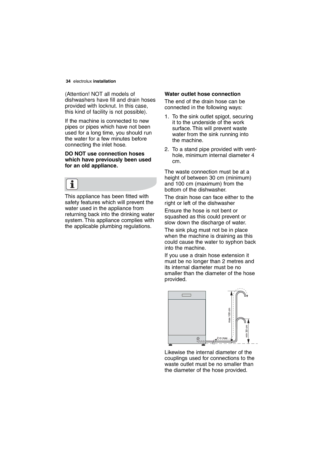 Electrolux ESL 63010 user manual Water outlet hose connection 