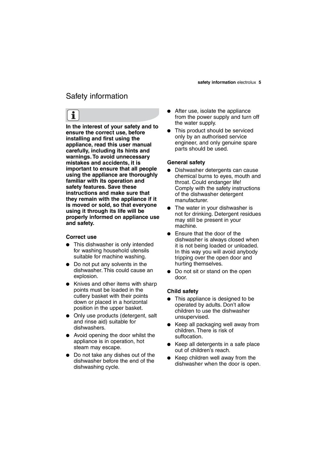 Electrolux ESL 63010 user manual Safety information, Correct use, General safety, Child safety 