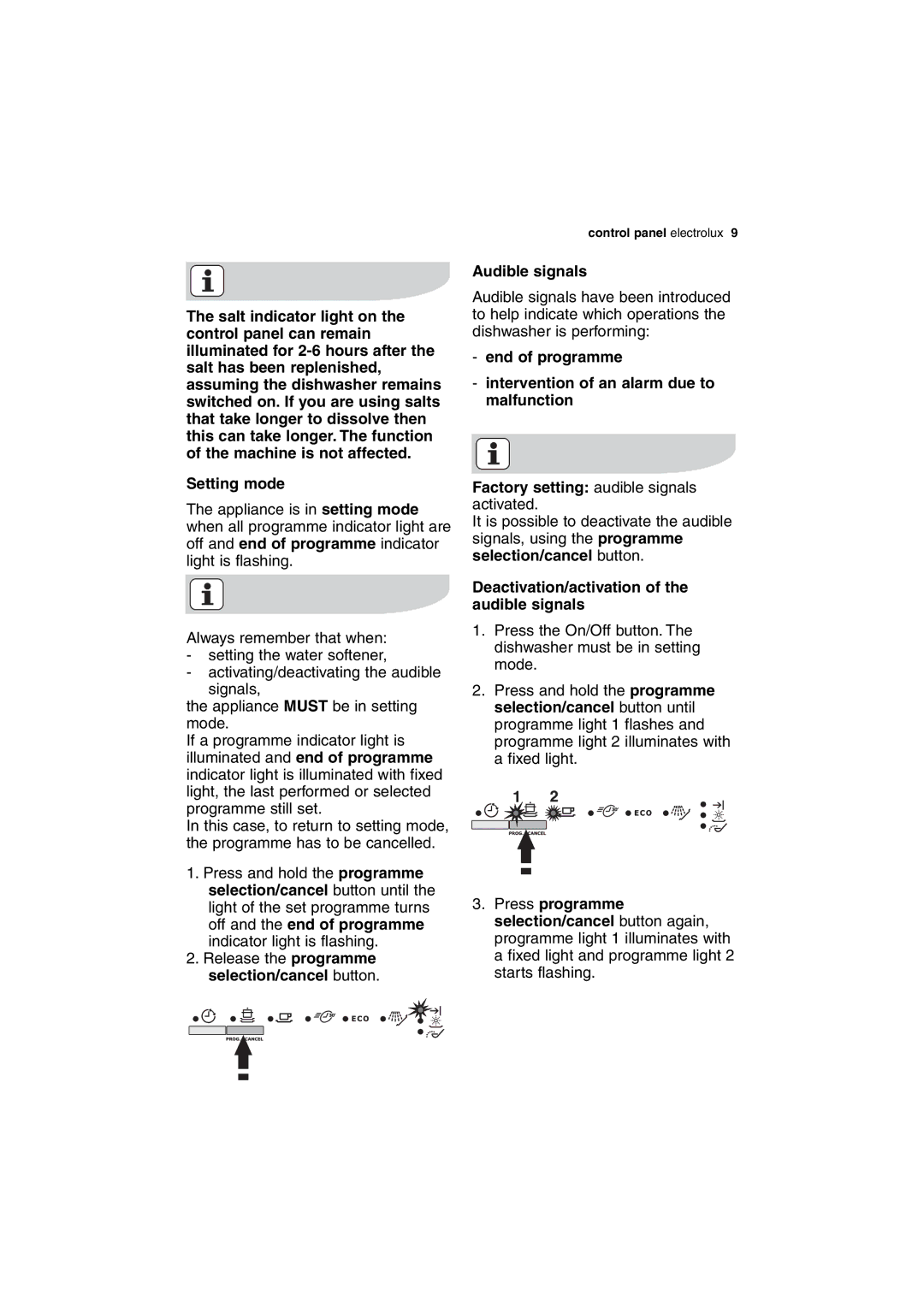 Electrolux ESL 63010 user manual Audible signals, Deactivation/activation of the audible signals 