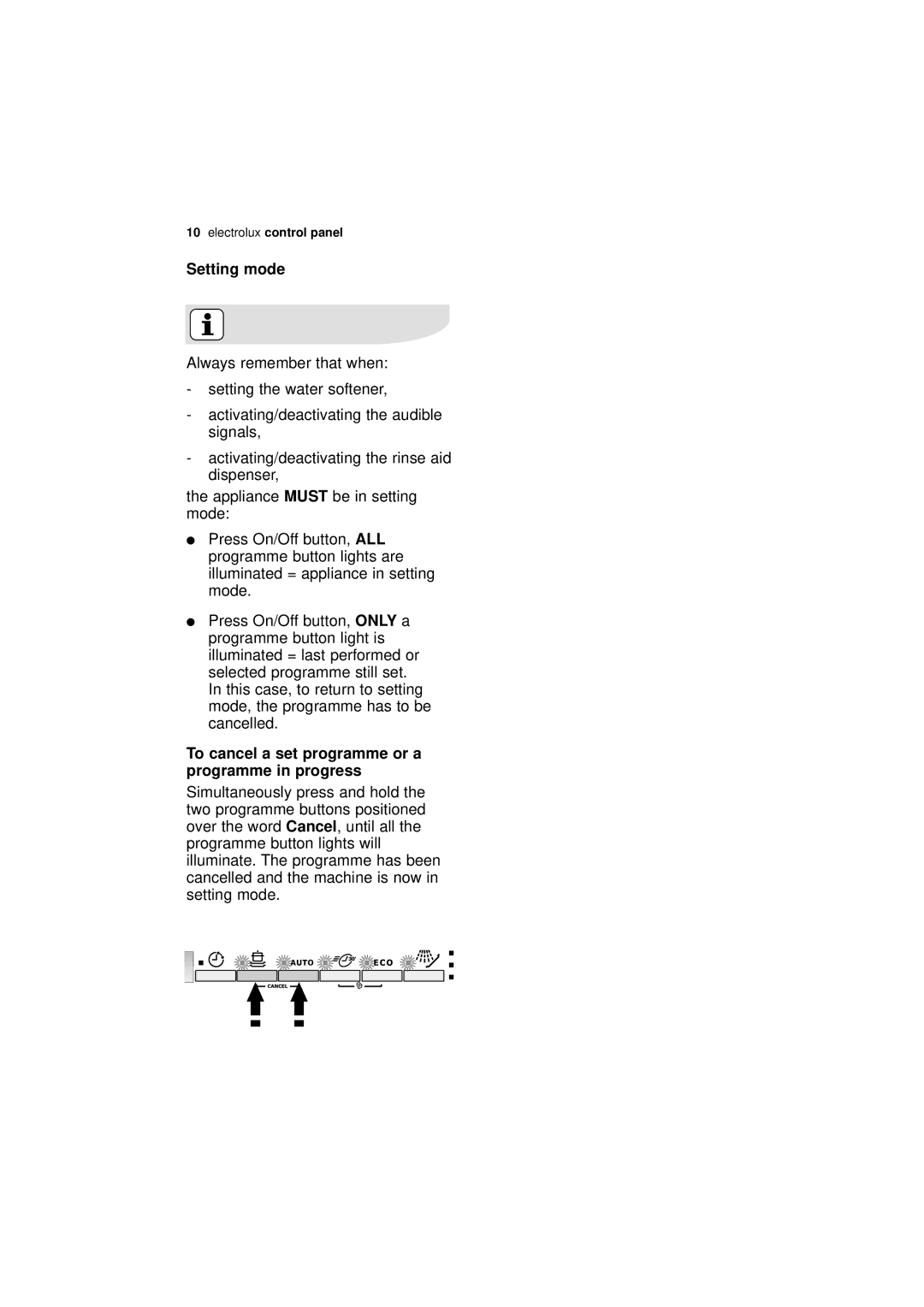 Electrolux ESL 66010 user manual Setting mode 