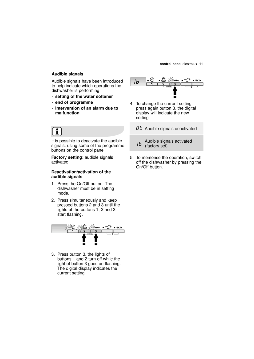 Electrolux ESL 66010 user manual Audible signals, Setting of the water softener End of programme, Factory setting 