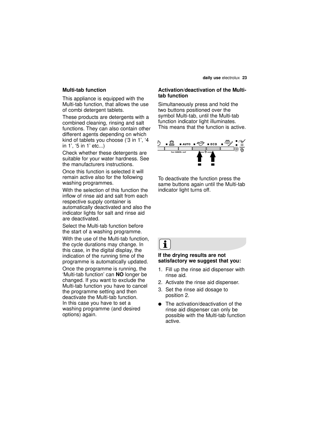 Electrolux ESL 66010 user manual Multi-tab function, Activation/deactivation of the Multi- tab function 