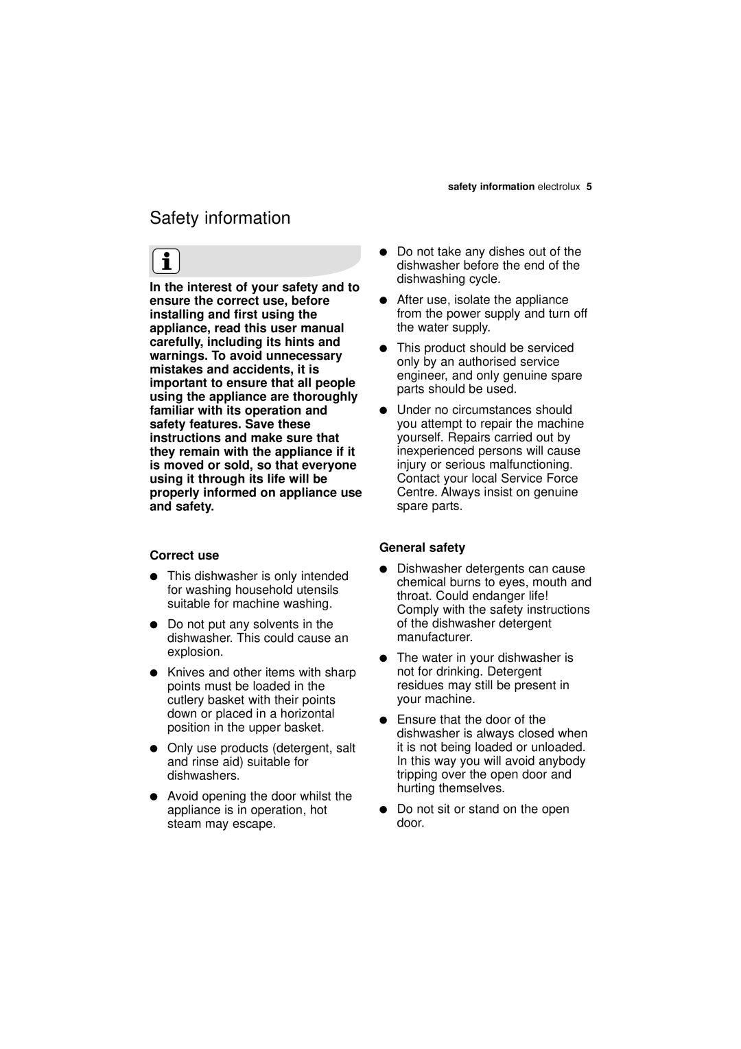 Electrolux ESL 66010 user manual Safety information, Correct use, General safety 