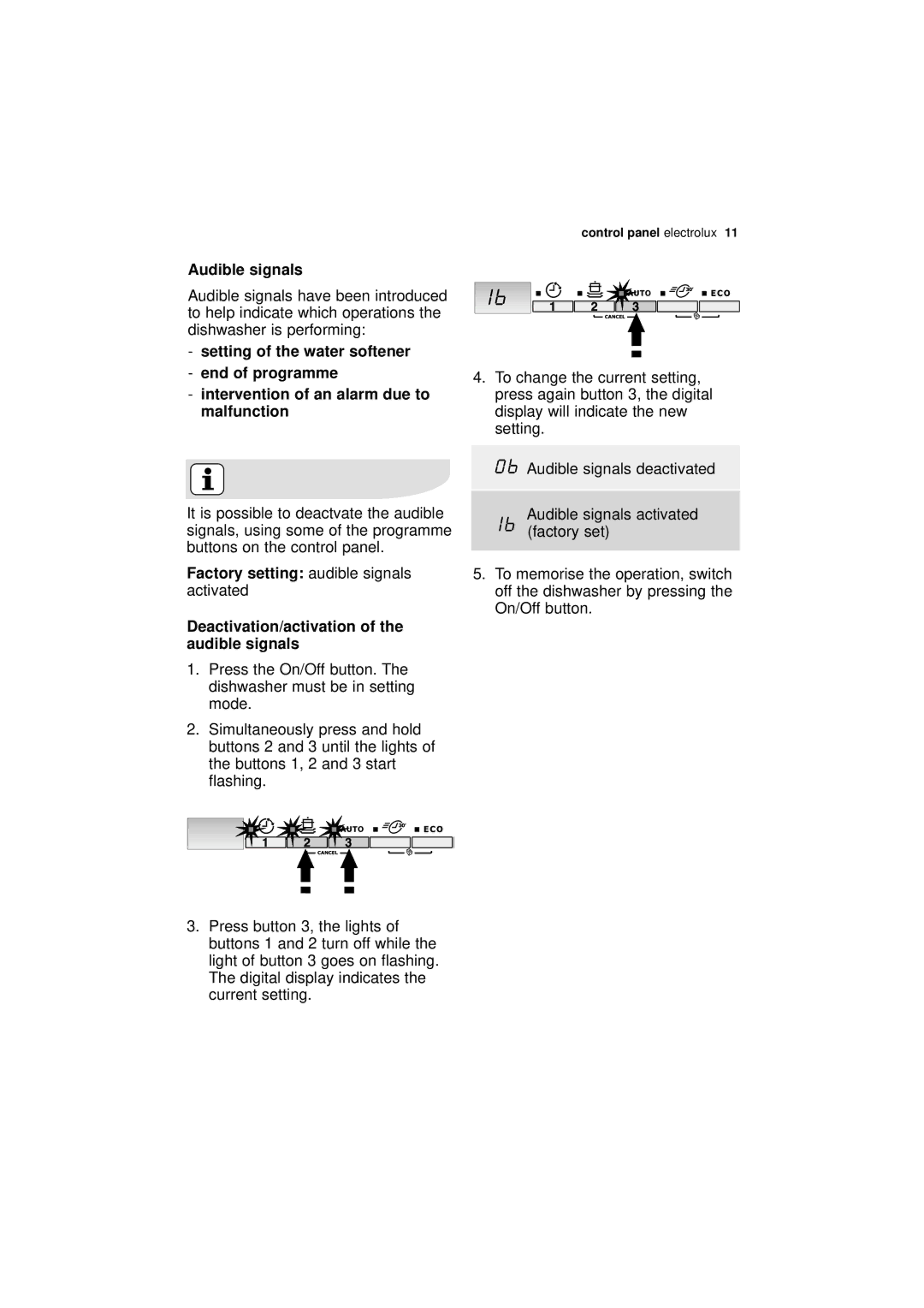 Electrolux ESL 66910 Audible signals, Setting of the water softener End of programme, Factory setting, Activated 