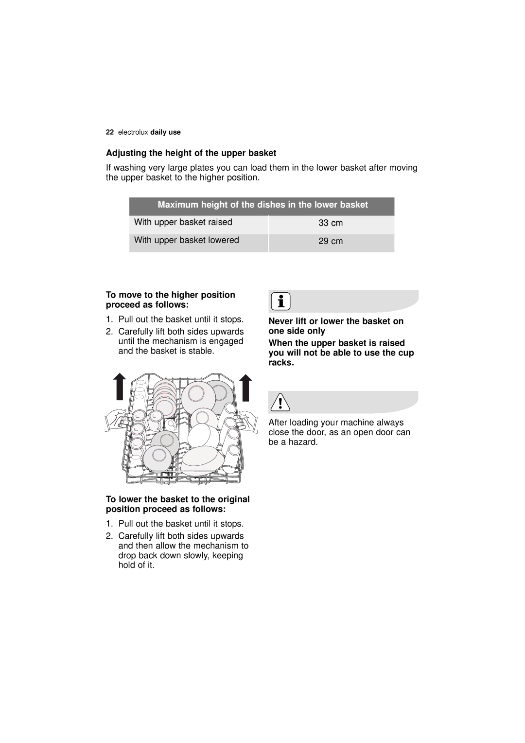 Electrolux ESL 66910 user manual Adjusting the height of the upper basket, Pull out the basket until it stops 