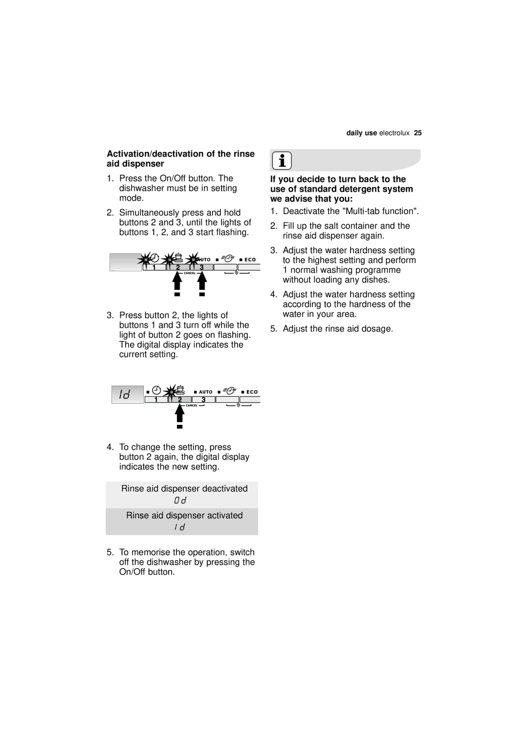 Electrolux ESL 66910 user manual Deactivate the Multi-tab function, Adjust the rinse aid dosage 