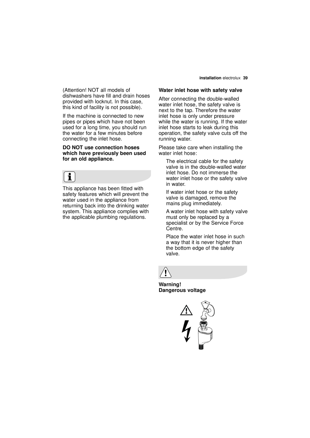 Electrolux ESL 66910 user manual Water inlet hose with safety valve 