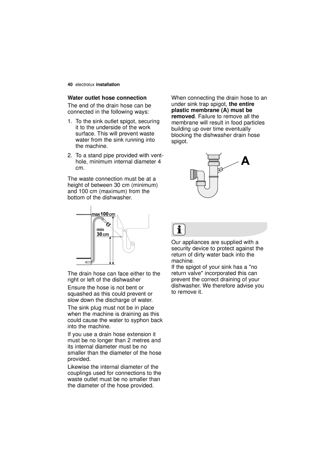 Electrolux ESL 66910 user manual Water outlet hose connection, Under sink trap spigot 