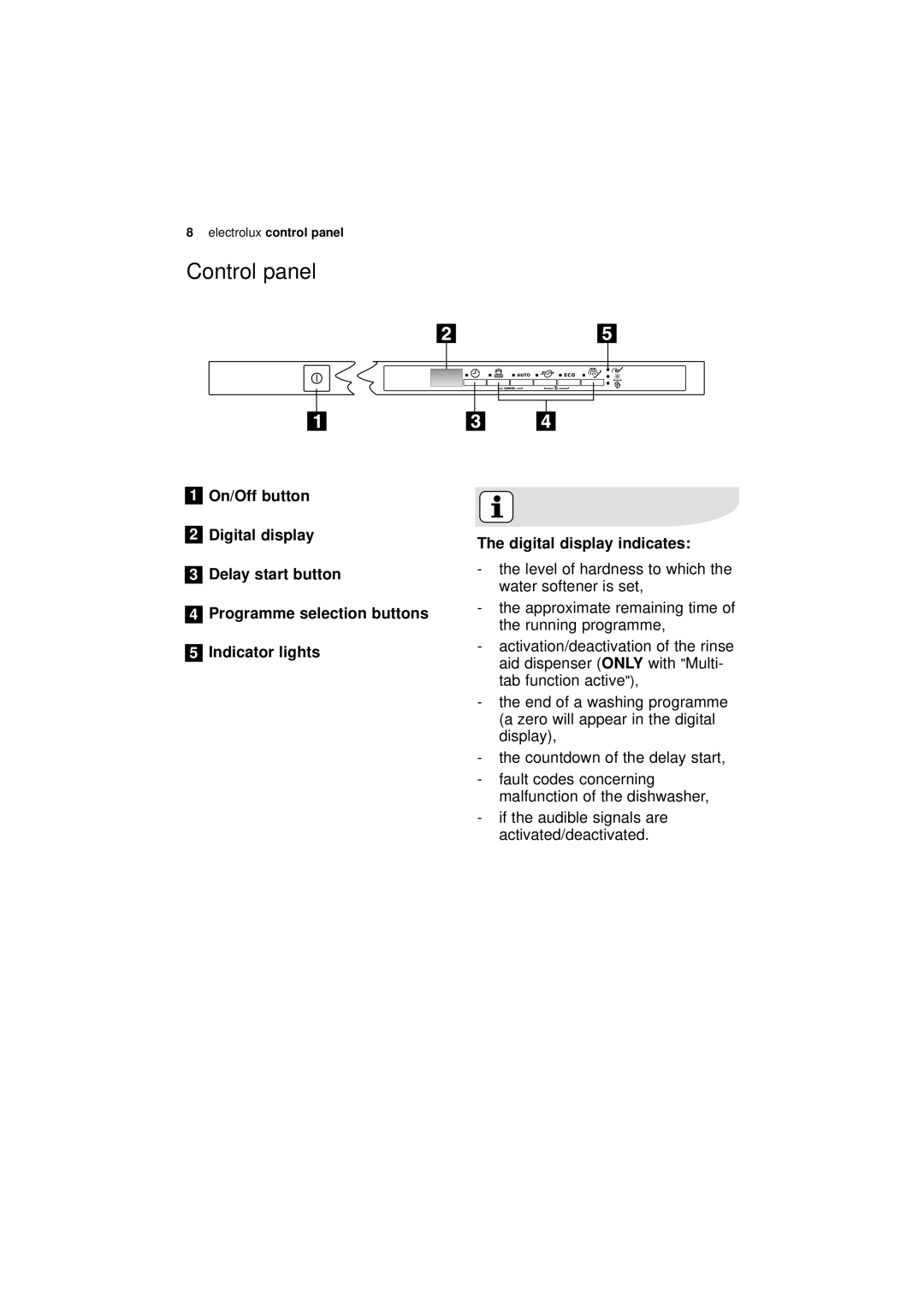 Electrolux ESL 66910 user manual Control panel, Activation/deactivation of the rinse, Dispenser, With Multi 