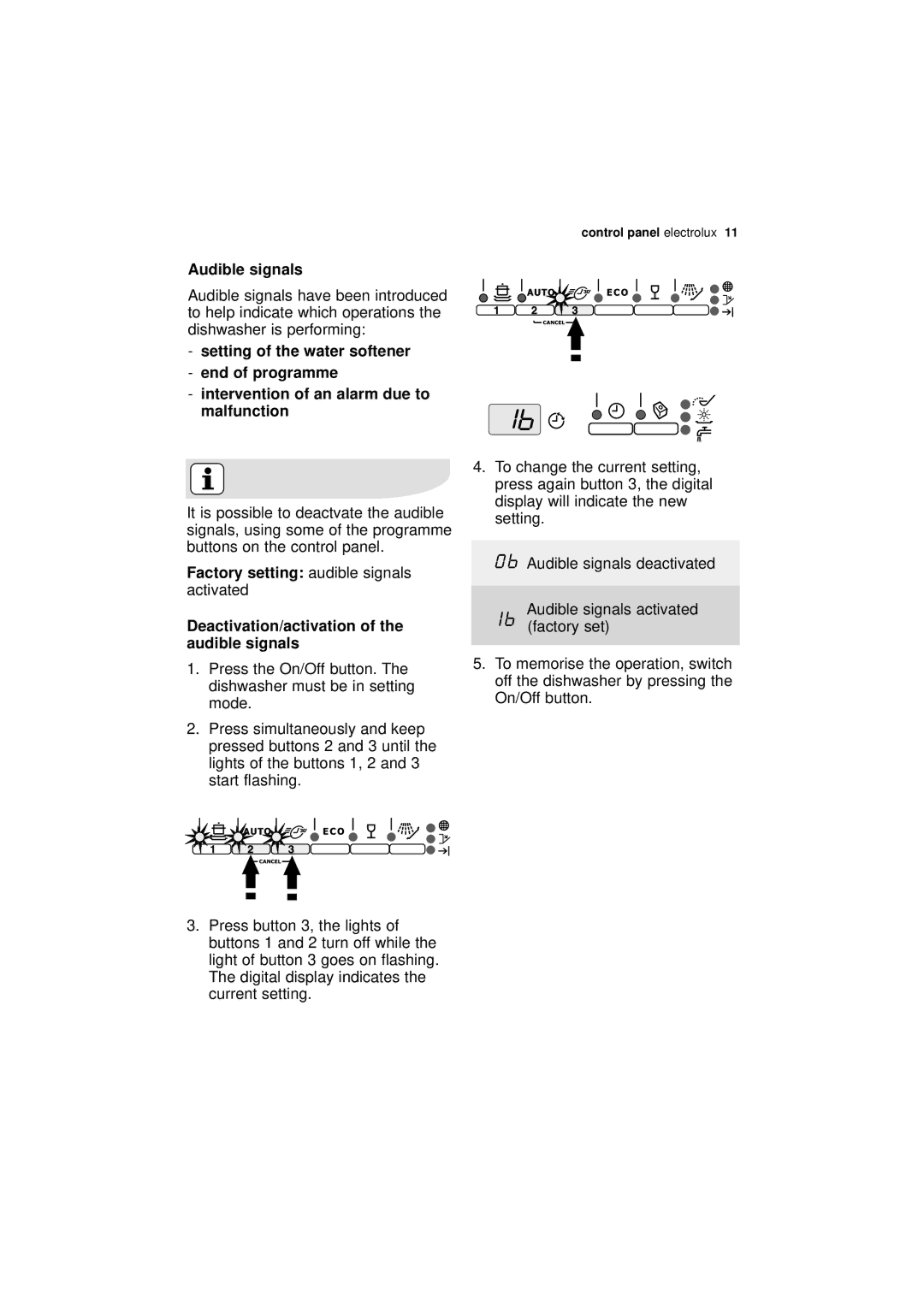 Electrolux ESL 67030 Audible signals, Setting of the water softener End of programme, Factory setting, Activated 