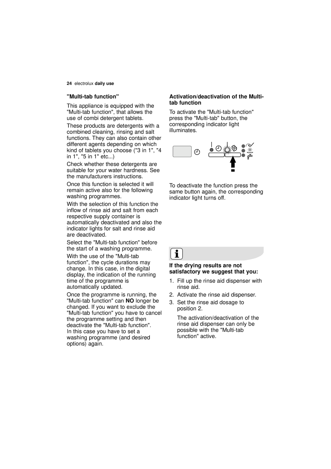 Electrolux ESL 67030 user manual Multi-tab function, Activation/deactivation of the Multi- tab function 