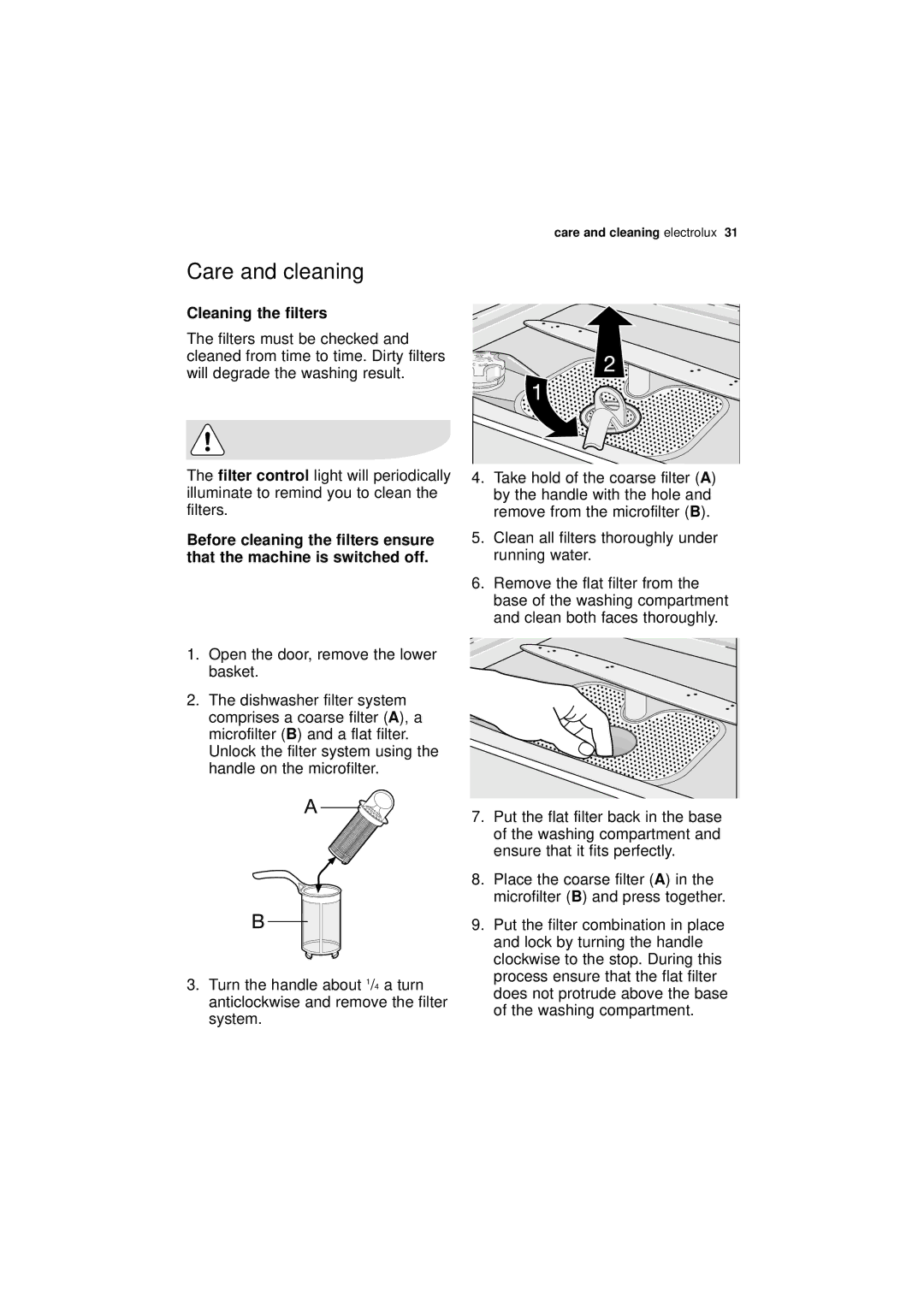 Electrolux ESL 67030 user manual Care and cleaning, Cleaning the filters 