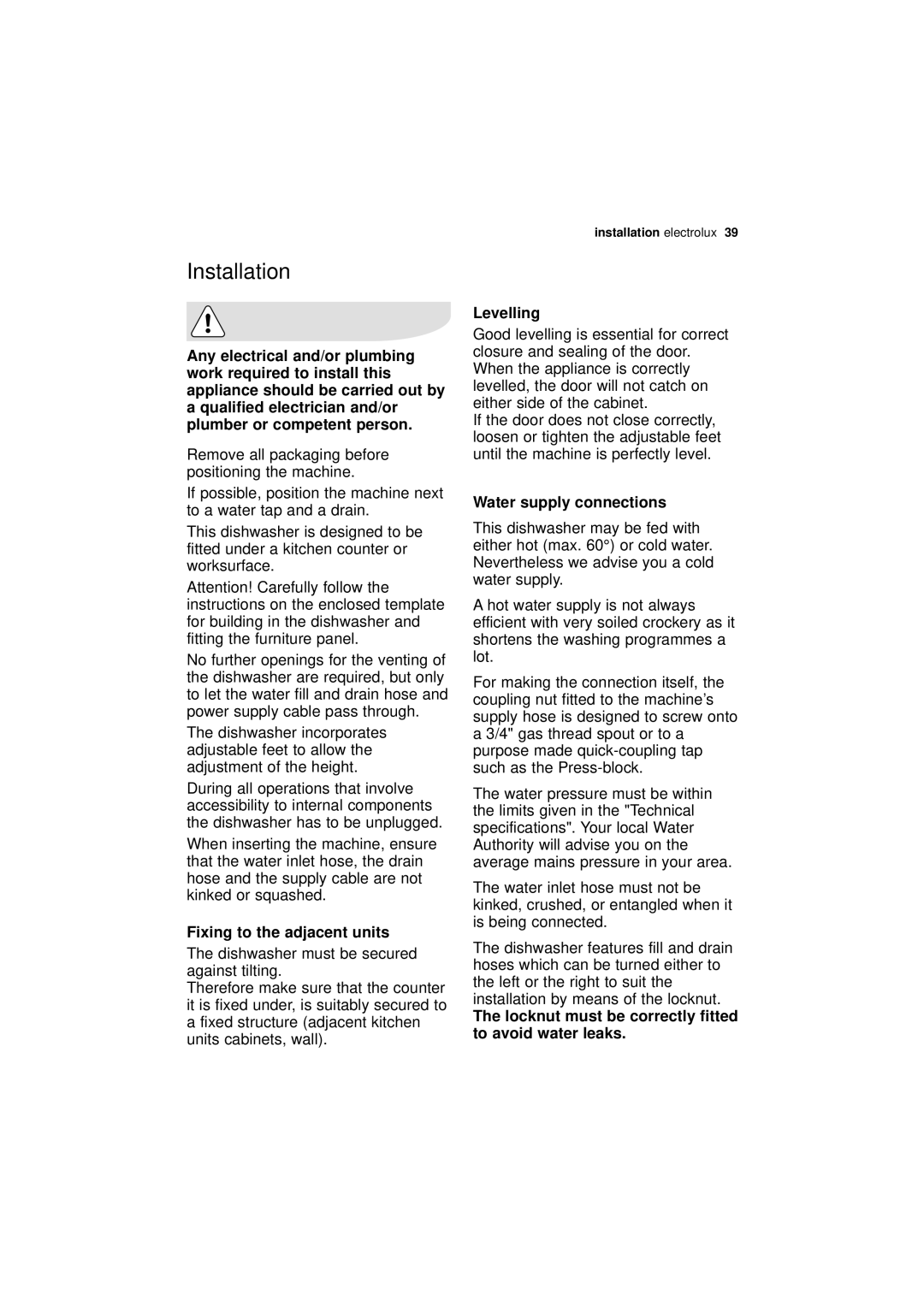 Electrolux ESL 67030 user manual Installation, Fixing to the adjacent units, Levelling, Water supply connections 