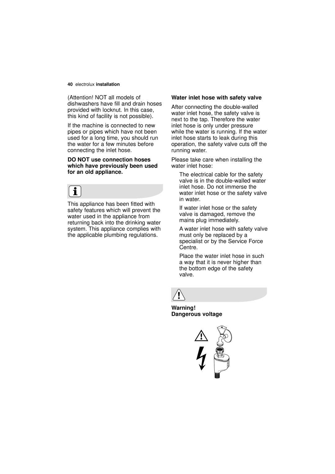 Electrolux ESL 67030 user manual Water inlet hose with safety valve, Electrolux installation 