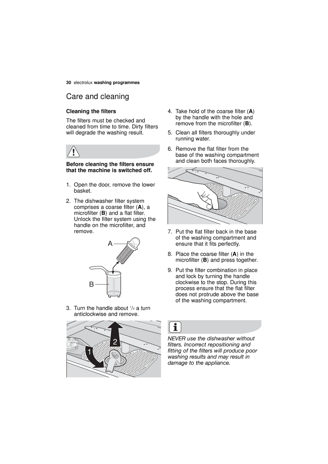 Electrolux ESL 68500 user manual Care and cleaning, Cleaning the filters 