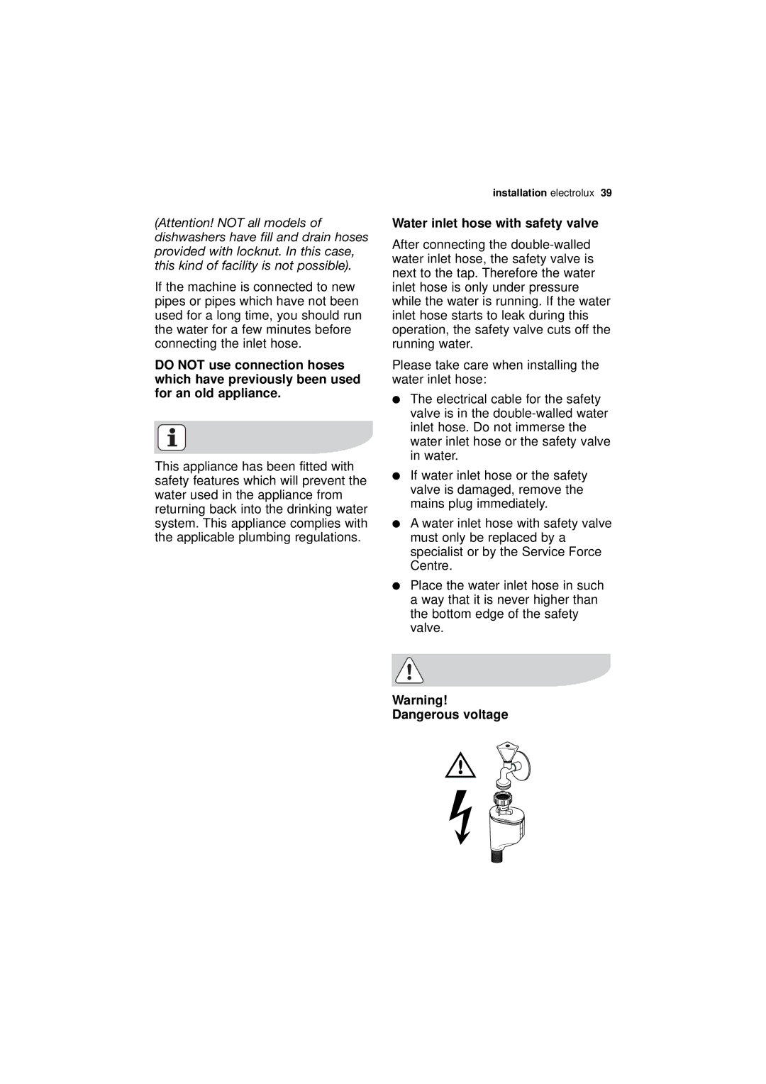 Electrolux ESL 68500 user manual Water inlet hose with safety valve 