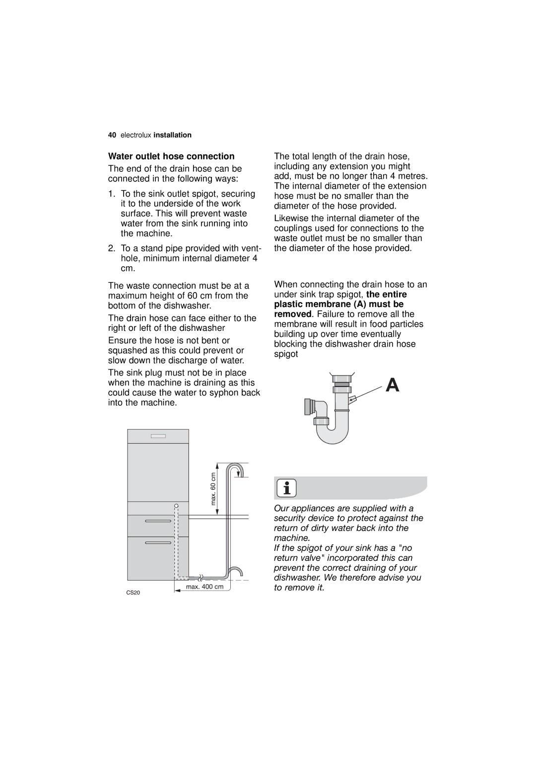 Electrolux ESL 68500 user manual Water outlet hose connection 