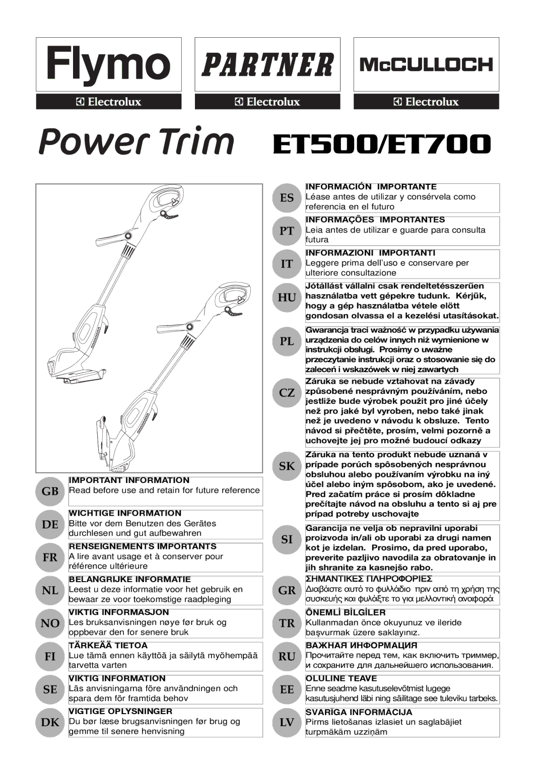 Electrolux ET700 manual Important Information, Wichtige Information, Renseignements Importants, Belangrijke Informatie 