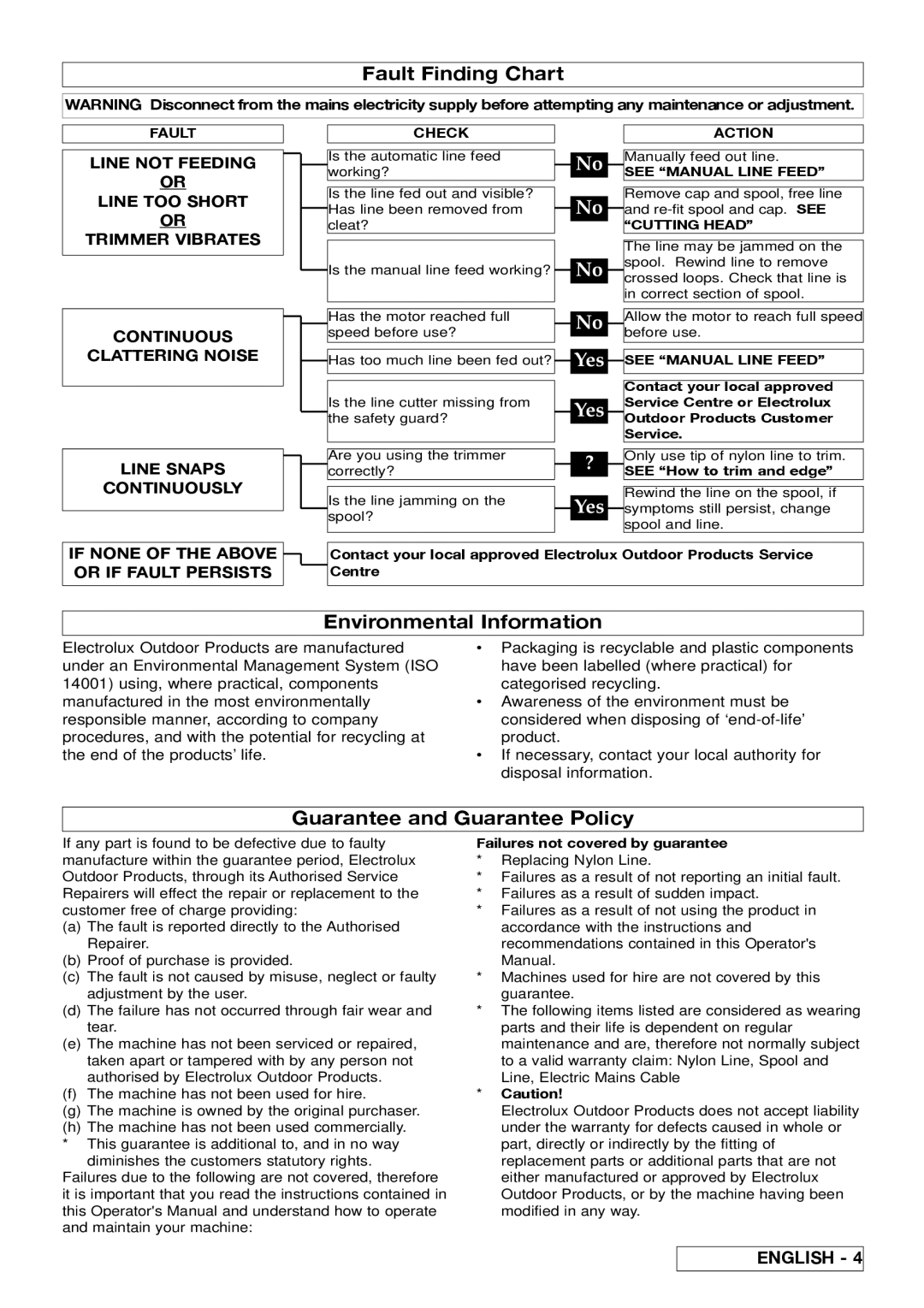 Electrolux 96487026200, ET500, ET700 manual Fault Finding Chart, Environmental Information, Guarantee and Guarantee Policy 