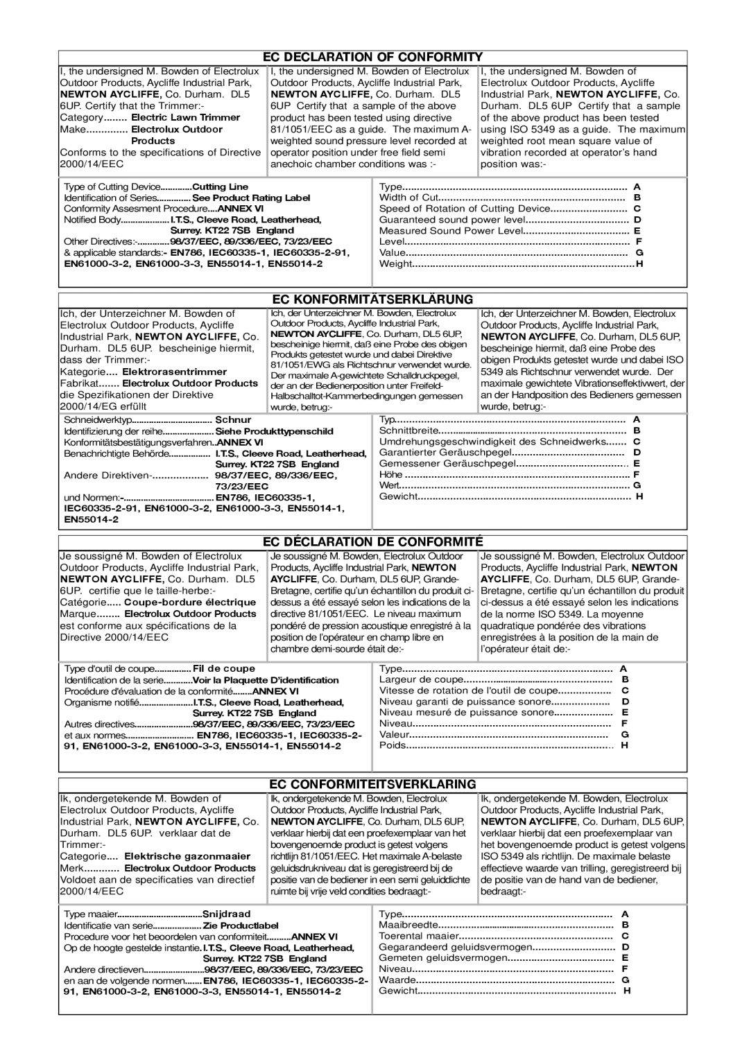 Electrolux 96487036200, ET500, ET700, 96487026200 manual EC Declaration of Conformity 