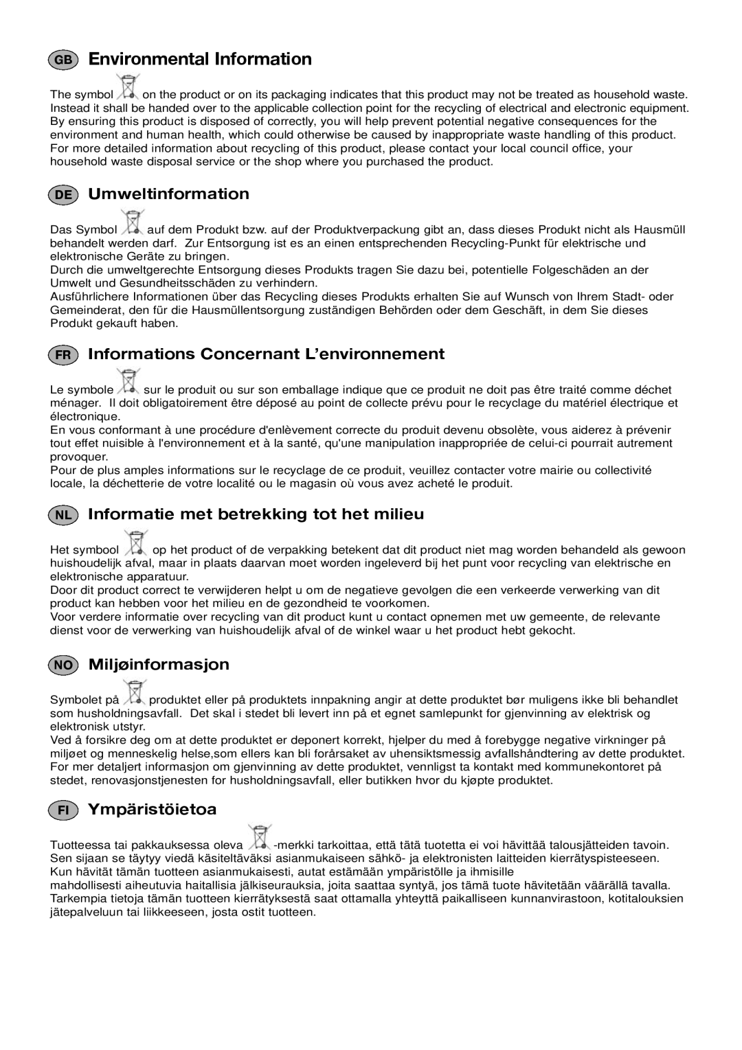 Electrolux 96487026200, ET500, ET700 DE Umweltinformation, FR Informations Concernant L’environnement, No Miljøinformasjon 