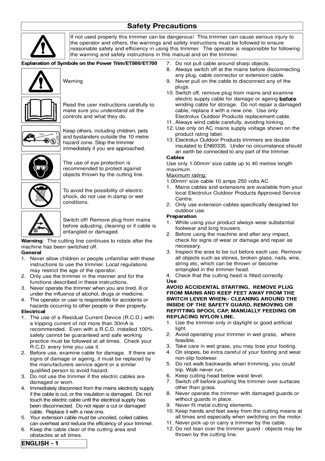 Electrolux 96487036200, ET500, ET700, 96487026200 manual Safety Precautions 