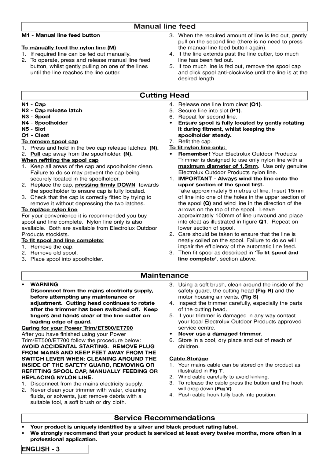 Electrolux ET700, ET500, 96487026200, 96487036200 manual Cutting Head, Maintenance, Service Recommendations 