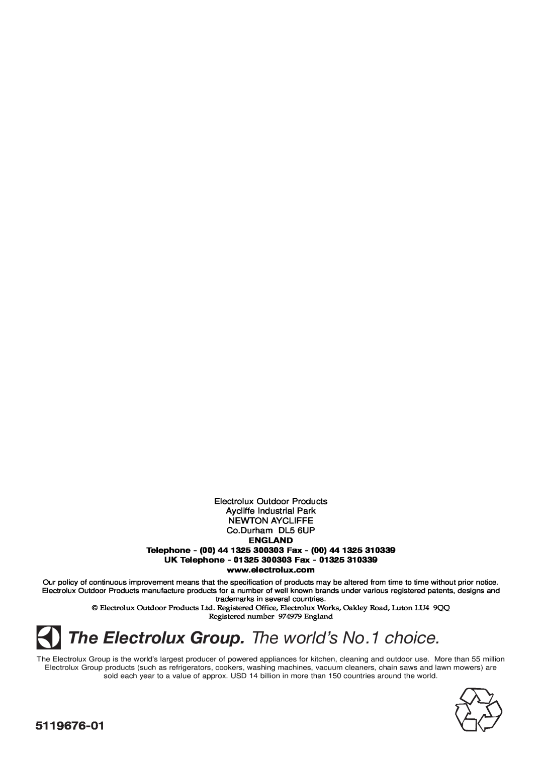 Electrolux 96487026200, ET500 5119676-01, The Electrolux Group. The world’s No.1 choice, UK Telephone - 01325 300303 Fax 