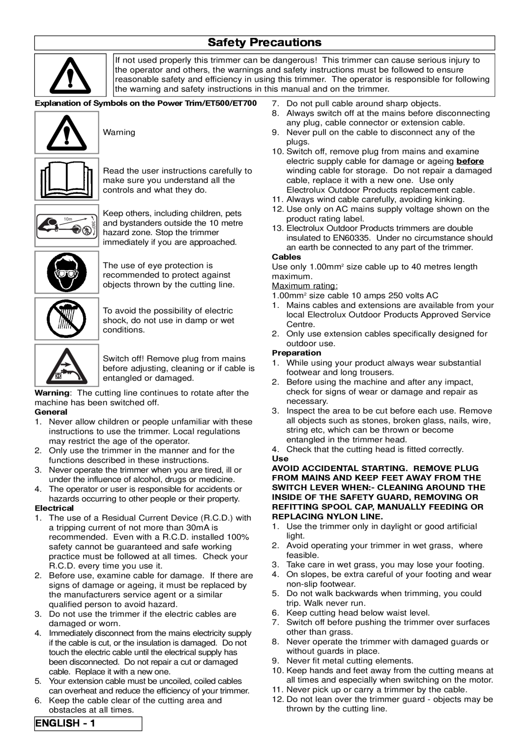 Electrolux 96487036200, ET500, ET700, 96487026200 manual Safety Precautions, English 