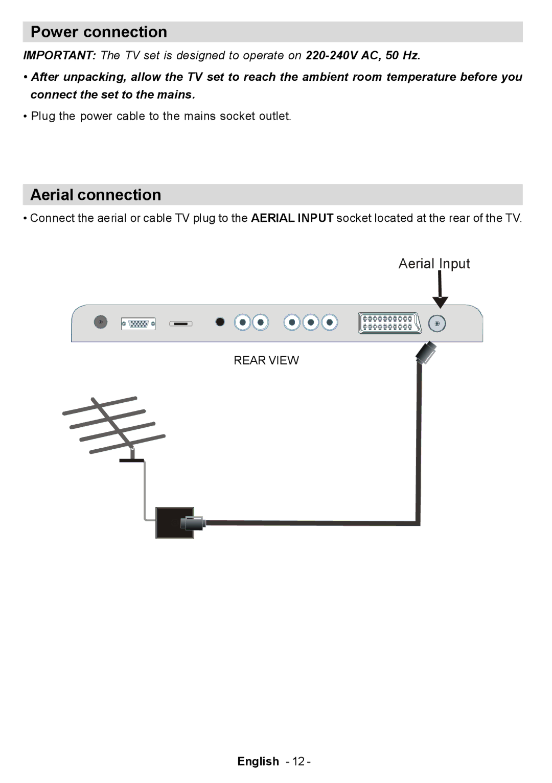 Electrolux ETV45000X user manual Power connection, Aerial connection 