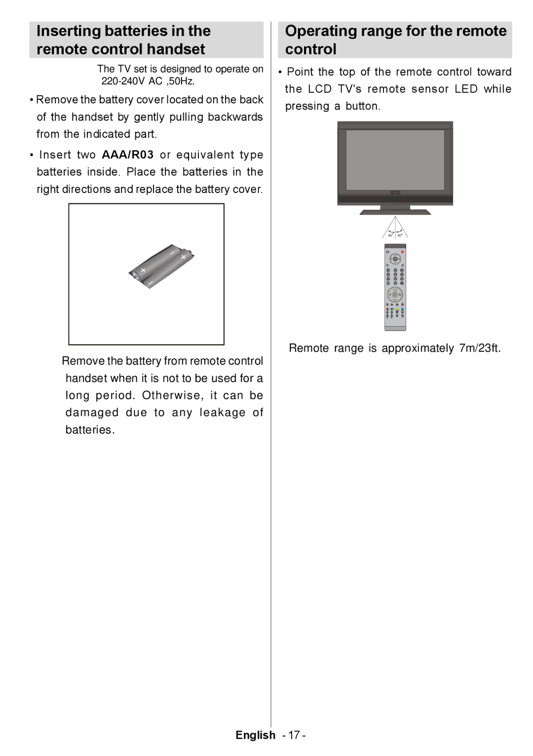 Electrolux ETV45000X user manual Inserting batteries in the remote control handset, Operating range for the remote control 